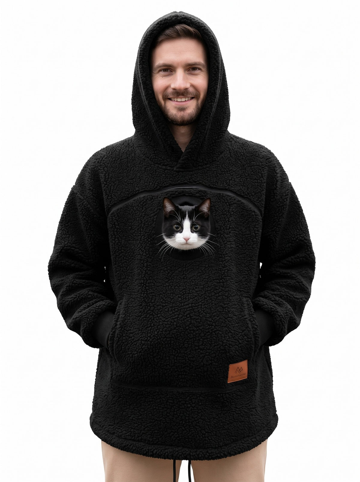 Black Cuddle Pouch Hoodie with a tuxedo cat in the front pouch