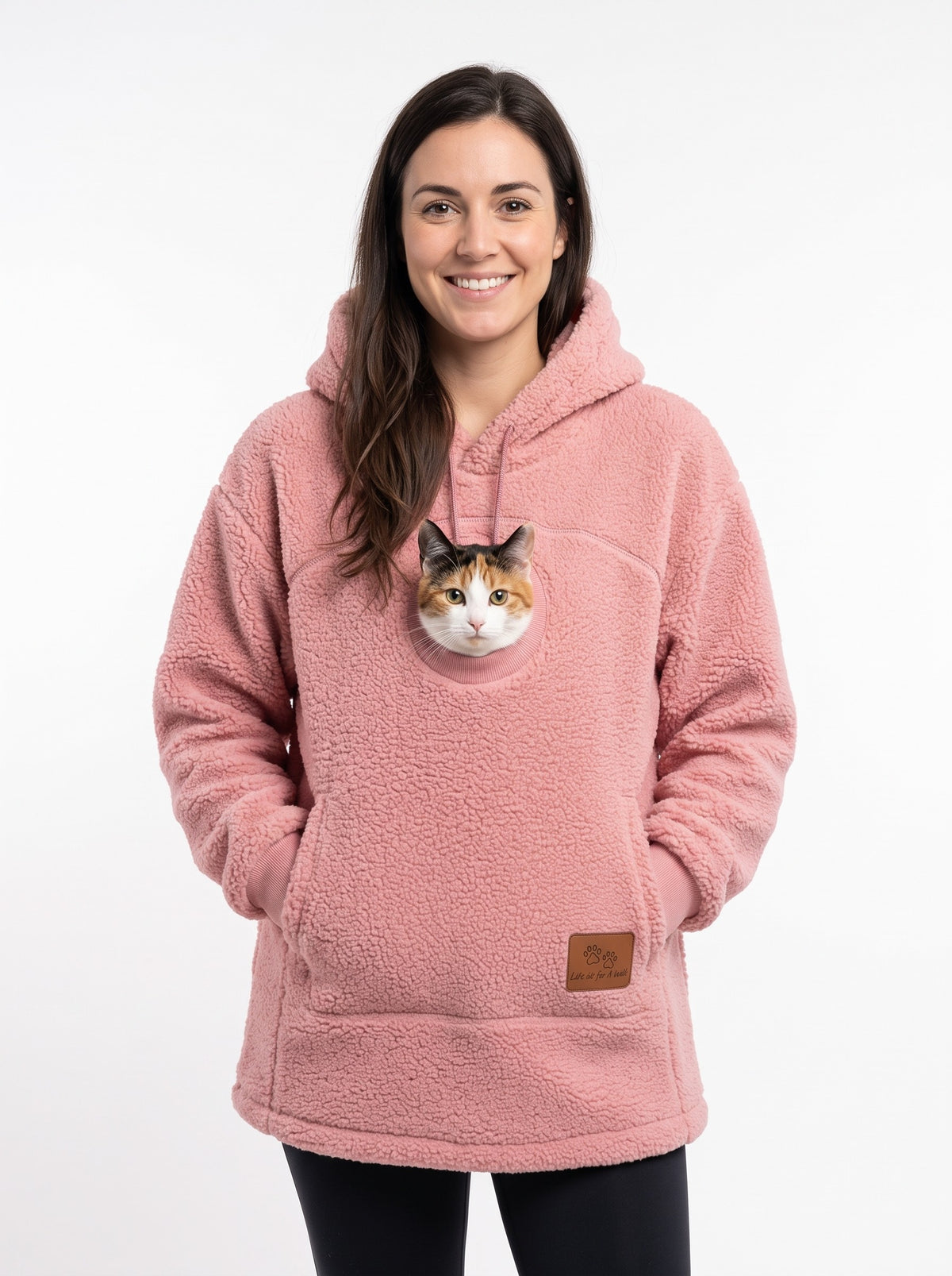 Dusty Pink Cuddle Pouch Hoodie with a calico cat in the front pouch