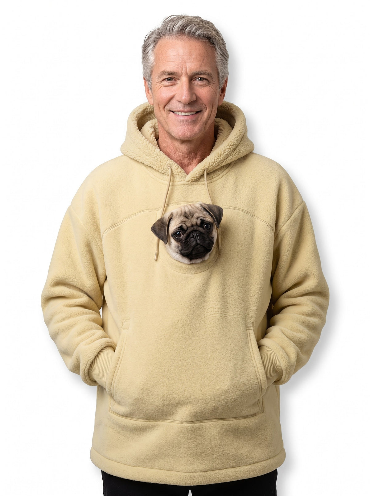 Khaki Cuddle Pouch Hoodie with a pug in the front pouch