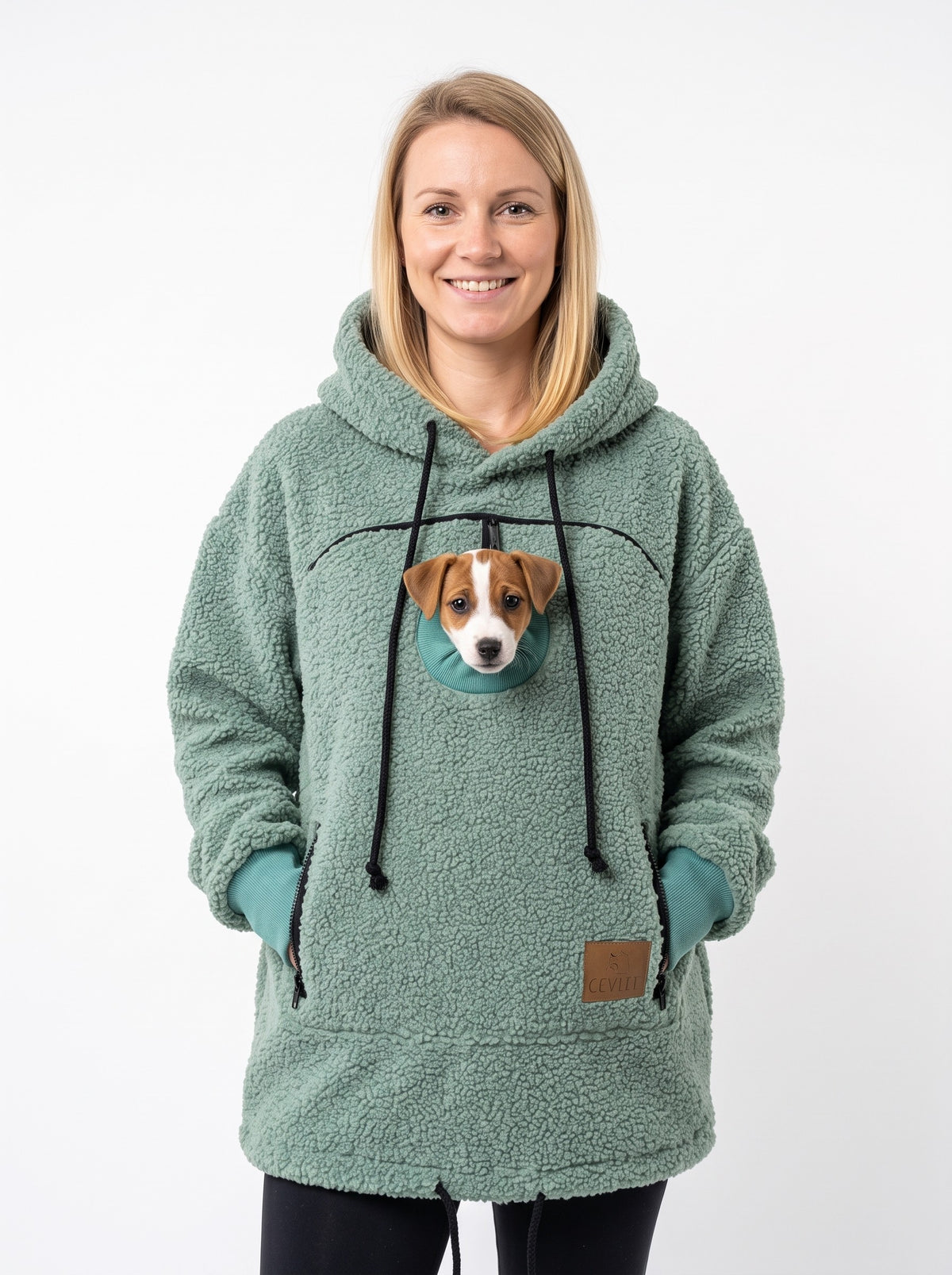 Mint Cuddle Pouch Hoodie with a Jack Russell puppy in the front pouch