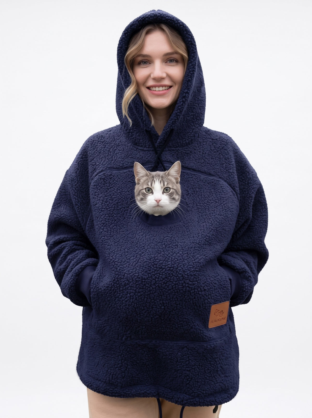 Navy Blue Cuddle Pouch Hoodie with a tabby cat in the front pouch