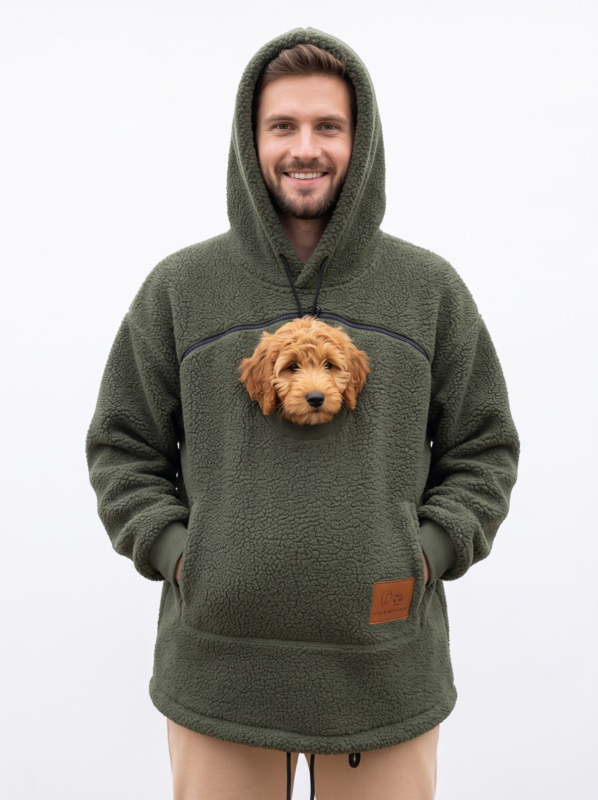 Olive Green Cuddle Pouch Hoodie with a puppy in the front pouch