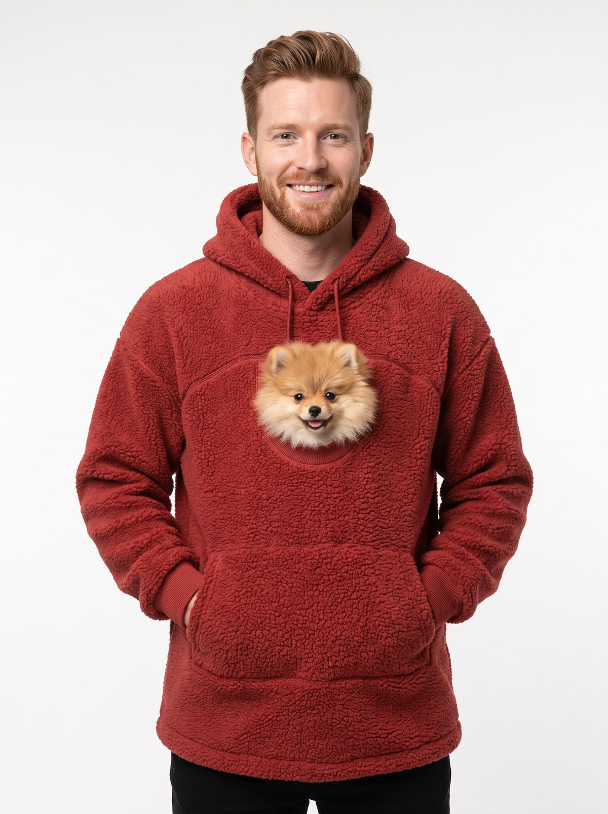 Red Cuddle Pouch Hoodie with a Pomeranian in the front pouch