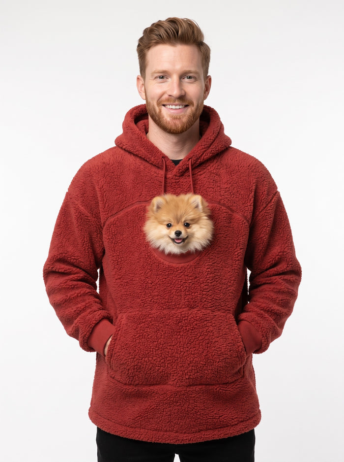 Red Cuddle Pouch Hoodie with a Pomeranian in the front pouch